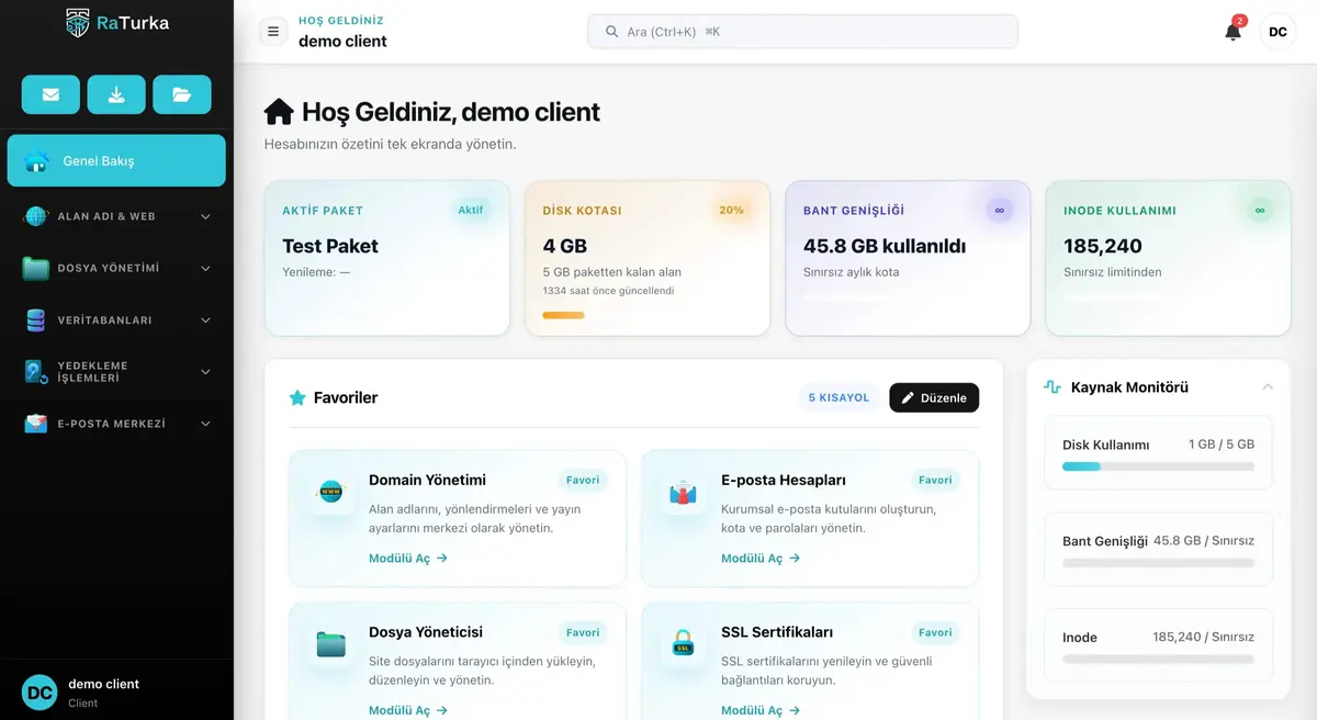 RaTurka Sunucu Yönetim Paneli Dashboard